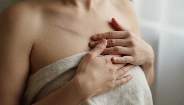 Close-up view of hands resting gently near a healed mastectomy scar on the upper chest.