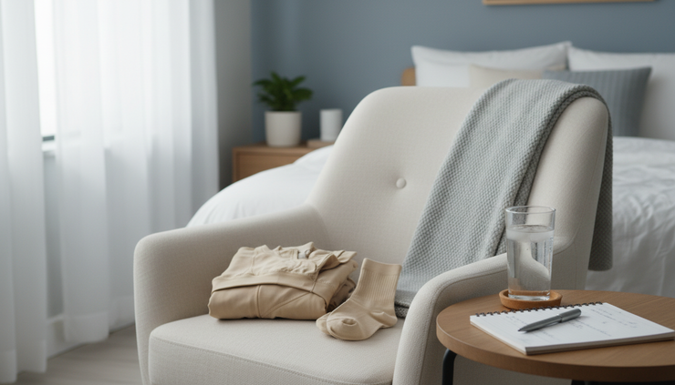 Eye-level view of a calm recovery space with folded compression garments and a glass of water