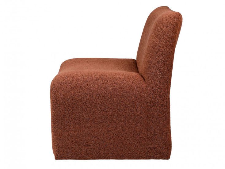 Side view of the Fenwick Occasional Chair in rust bouclé.