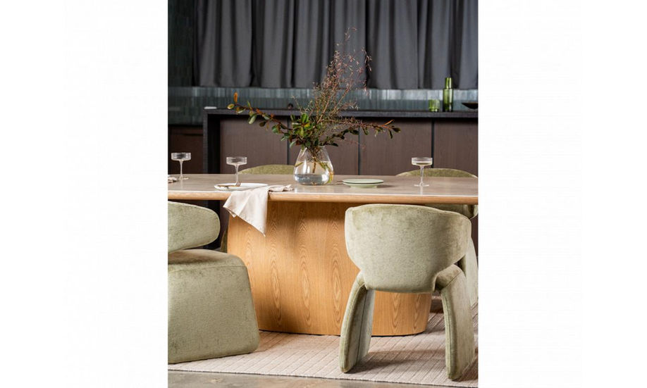 Avenstead Dining Table 2400 set with velvet chairs.