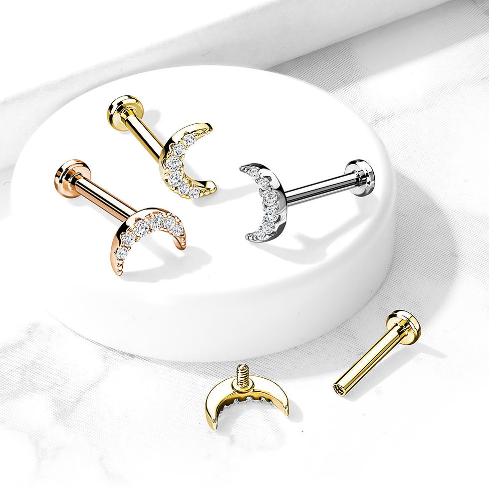 Thumbnail: CZ Paved Crescent Moon Top on Internally Threaded  Surgical Steel bar