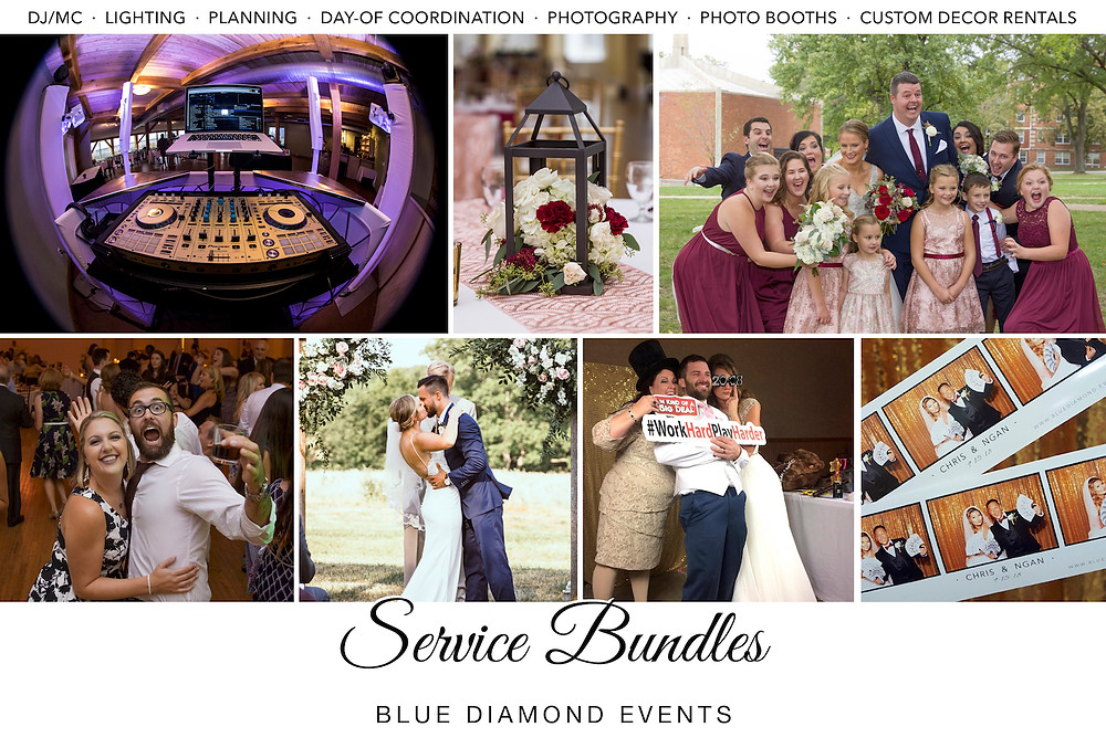 DJ, MC, Lighting, Photography, Photo Booths, Day-of Coordination, Planning, Coordinating, Custom Decor Rentals, Blue Diamond Events, Columbia, MO, WQeddings, Wedding, Services, Vendors, Bundles, Savings