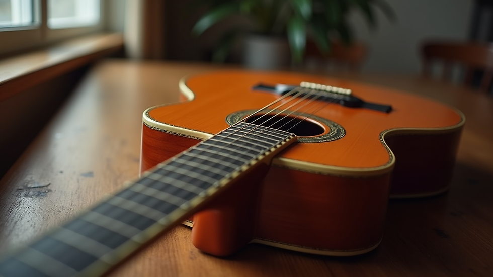 Close-up view of a vintage guitar resting on a wooden table