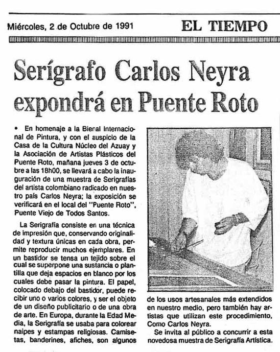 28 - Baja - Serígrafo colombiano expondrá en Puente Roto, en homenaje a la Bienal Internacional de Cuenca, periódico El Tiempo, 1991.jpg