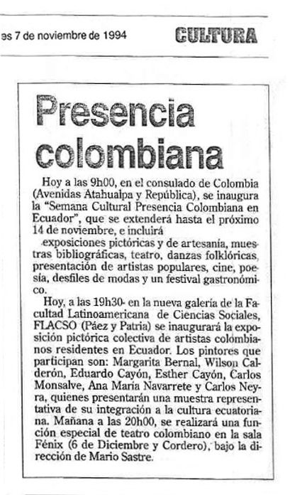 28 - 1994 - Exposición Presencia Colombiana en Ecuador en la Flacso. Artistas colombianos expondrán en Quito. Consulado de Colombia. Noviembre 7 de 1994.jpg