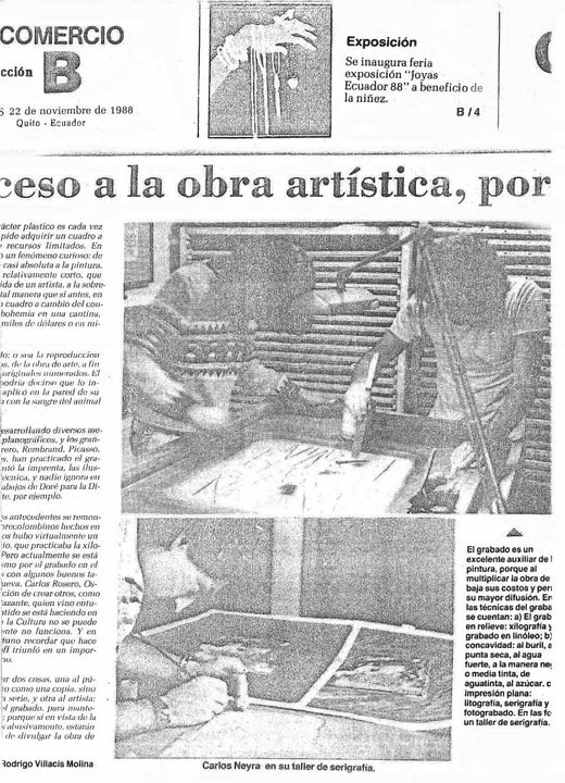 9 - Baja - Peródico El Comercio, Proceso a la obra artística por Carlos Neyra, por el crítico de arte Rodrigo Villacís, 22 de noviembre de1988.jpg