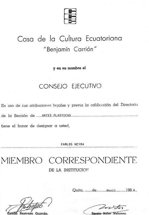 10 - Miembro correspondiente de la institución Casa de la Cultura Ecuatoriana Benjamín Carrión. Abril de 1994.jpg