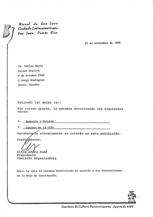 3 - VII Bienal de San Juan, Grabado Latinoamericano y del Caribe San Juan, Puerto Rico. Con las obras Homenaje a Marusia y Caminos de la vida. 25 de 1986.jpg