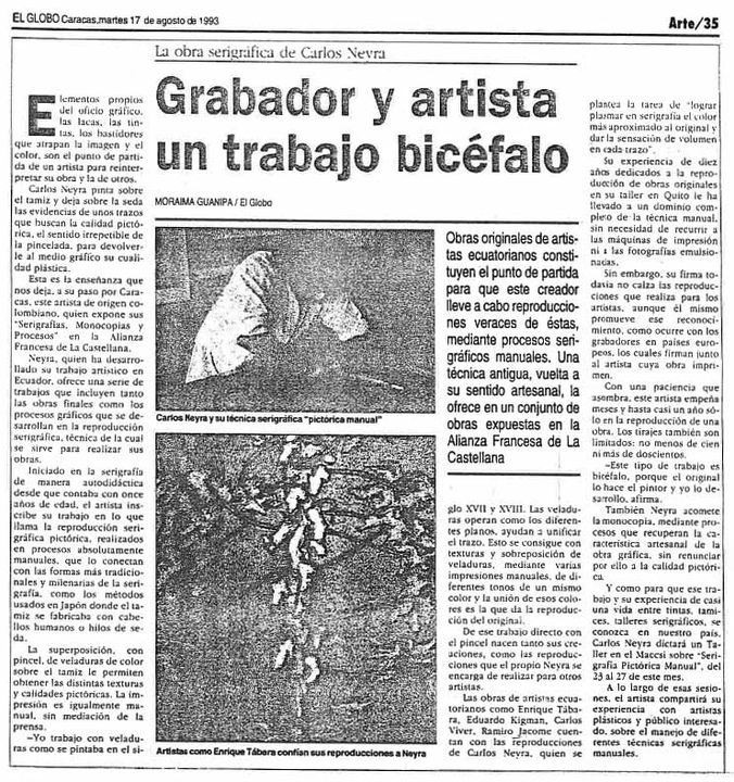 33 - Baja - La obra serigráfica de Carlos Neyra. Grabador y artista vicéfalo. Moraima Guanipa, El Globo, Caracas, 17 de agosto de 1993.jpg