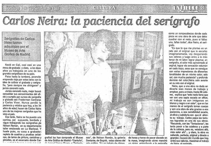 8 - 3 septiembre, 1989, Baja - Revista Cultural La Libre Ilustrada, Diario Hoy, Carlos Neyra La paciencia del serígrafo, por el escritor Diego Corn.jpg
