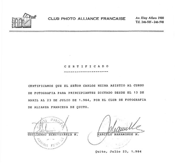 2 - Club Pheto Alliance Francaise. Certificado del Curso de fotografía. Julio 23 de 1984.jpg