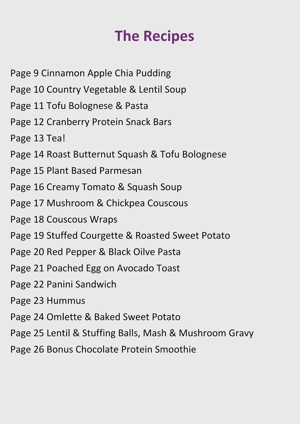 Thumbnail: This image is the contents page showing the recipes included in the plan for weight loss. A vegetarian plan for sale in the shop.