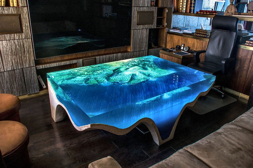 Table made by marble and special translucent materials of a piece of landscape by Eduard Locota studios