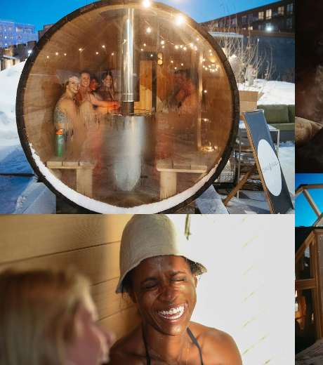 Collage of four images: 1. People inside round sauna. 2. A ladle porring water onto hot rocks. 3. Woman laughing. 4. Outside wall of suanas.