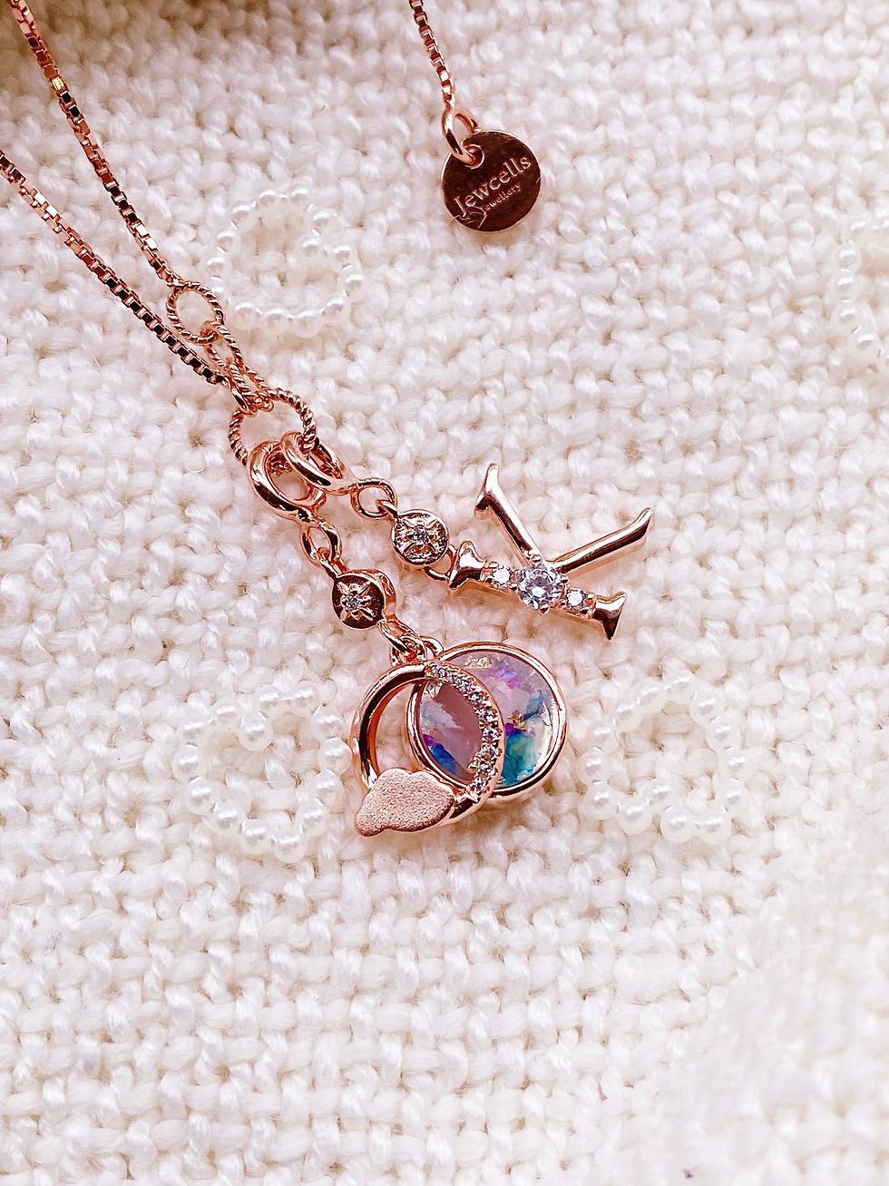 Thumbnail: Love of Life Twisted Rings Necklace with Full Moon Charm & Shinny Initial