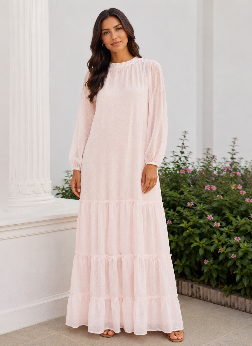 Pink self design chiffon maxi dress 