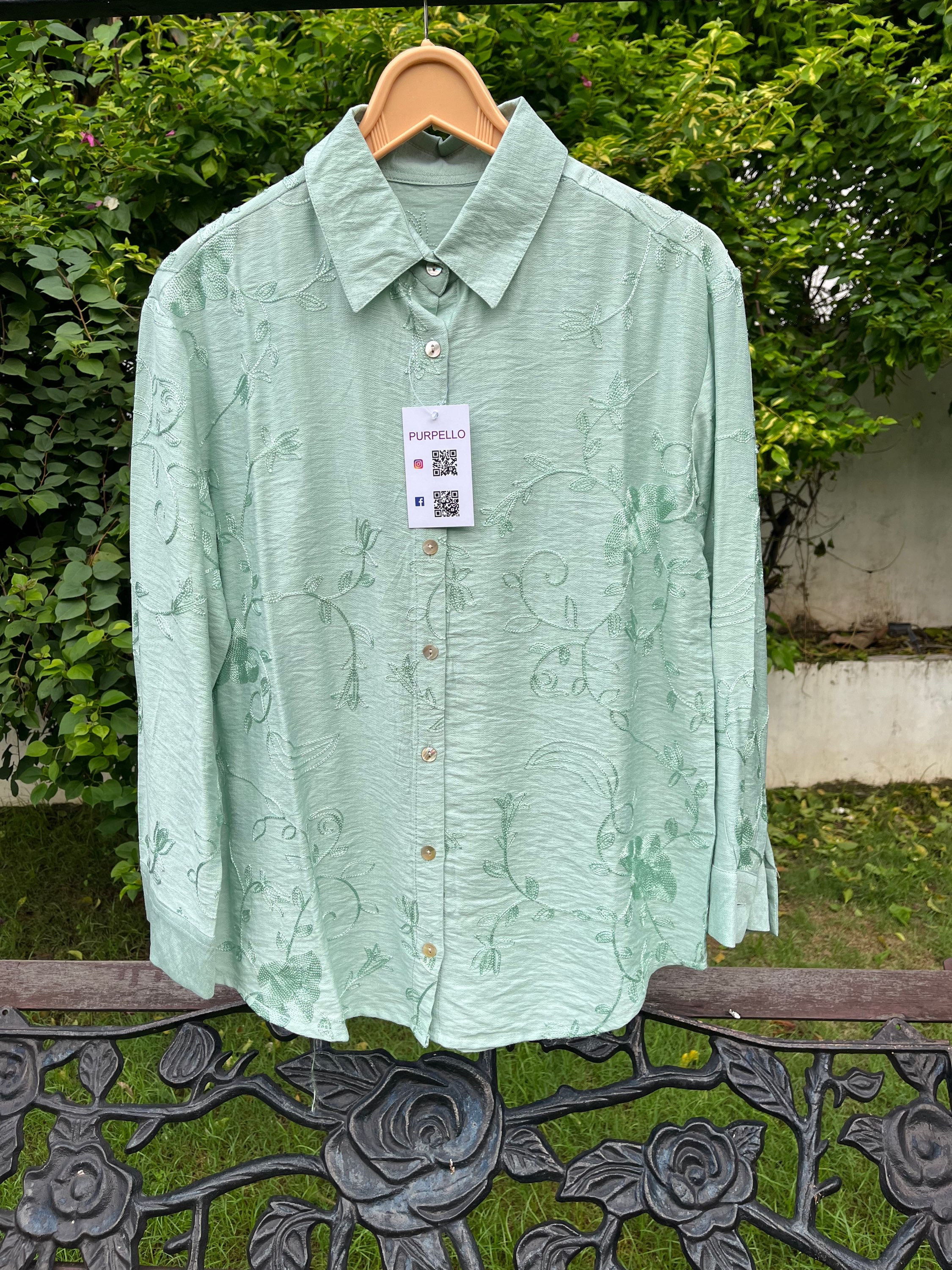 Sea green aari embroidery shirt 