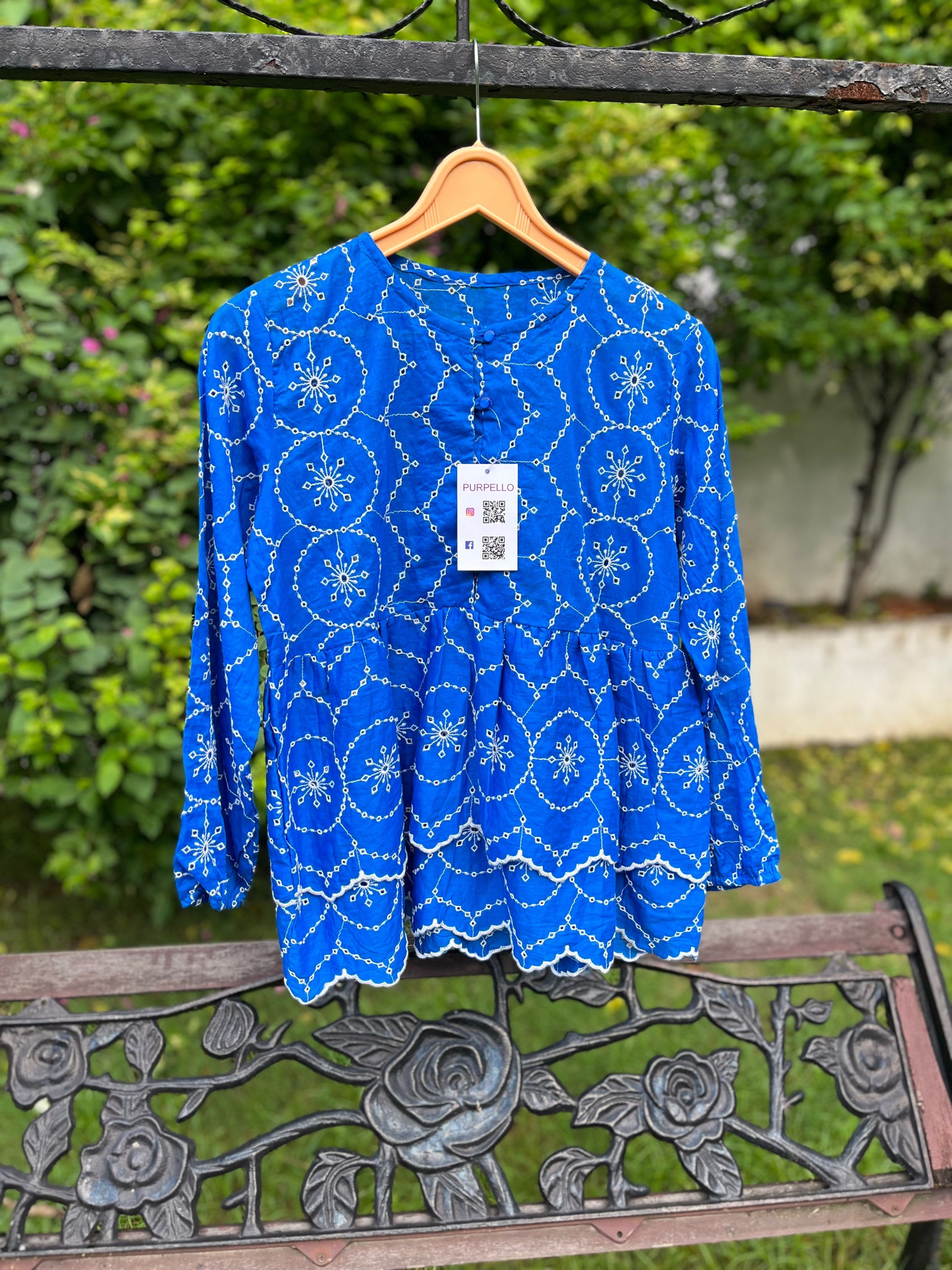 Blue Schiffli peplum top