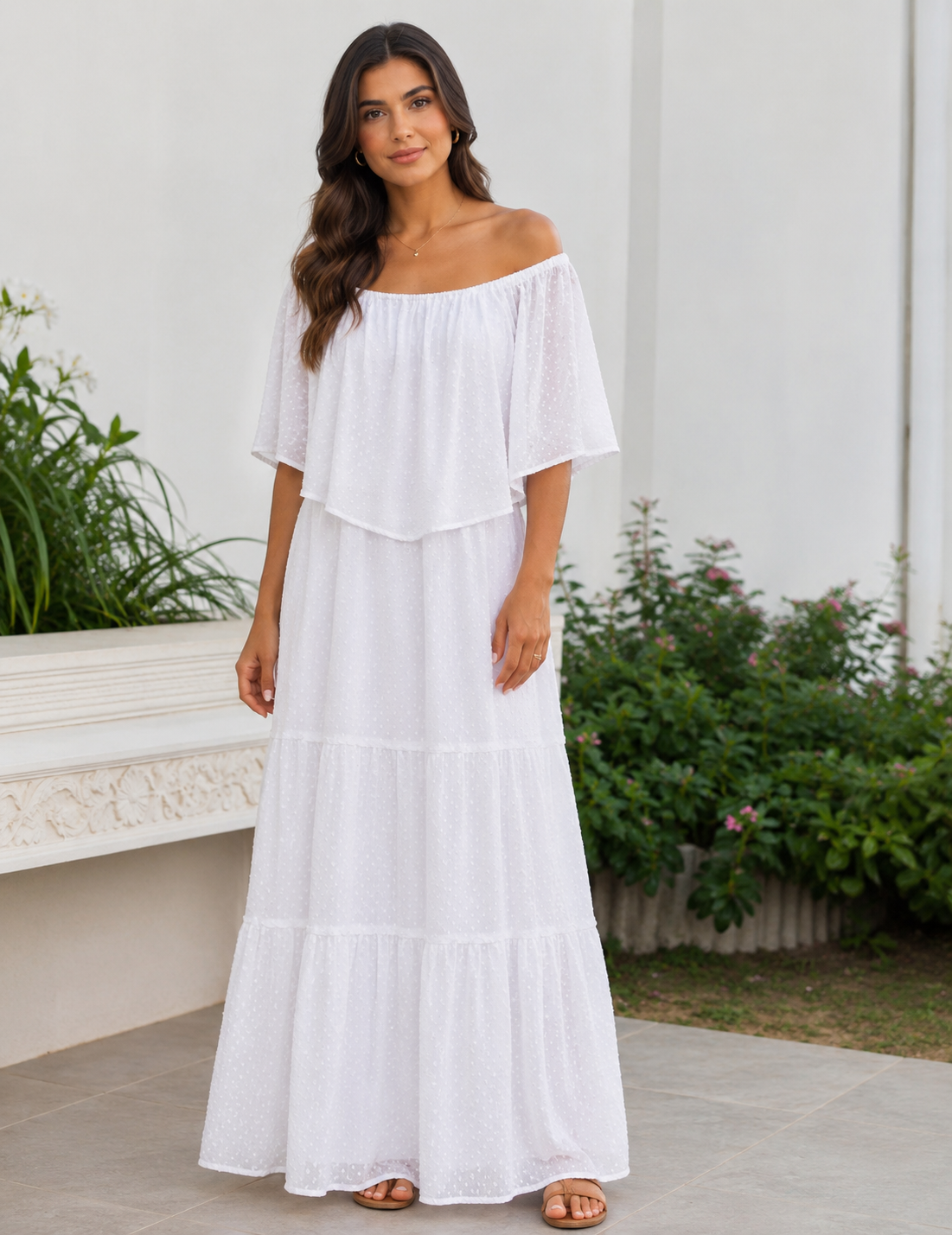 White self design off shoulder dress 