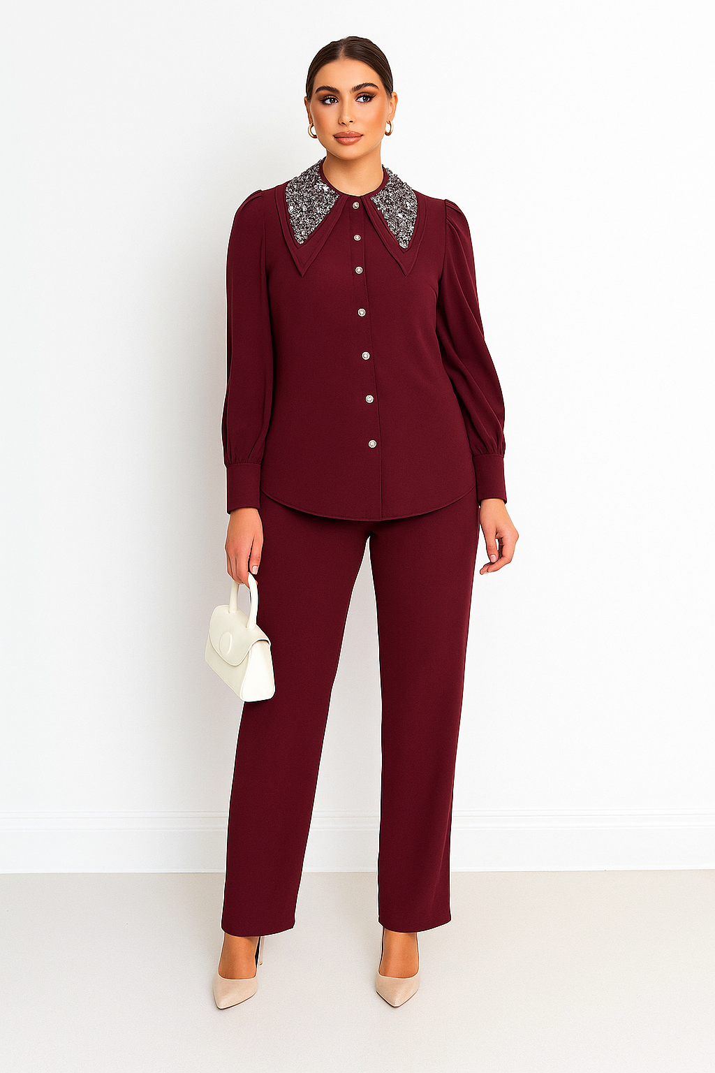 Sequins Collar Embroidered Co ord set 