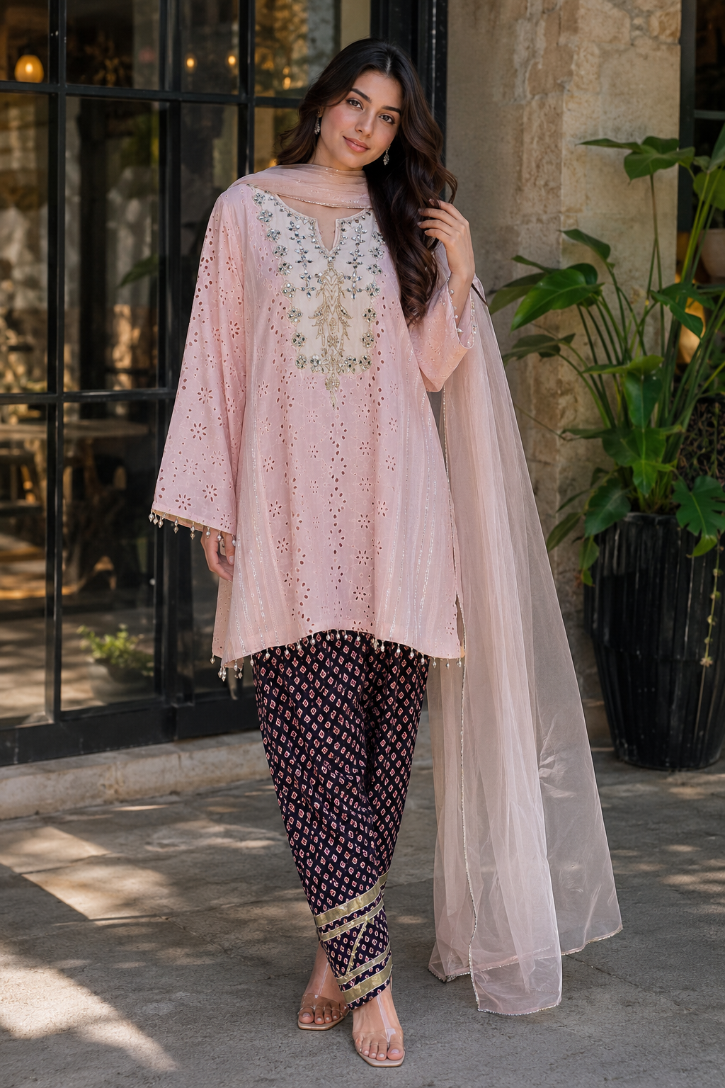 Pink embroidered Farshi shalwar set