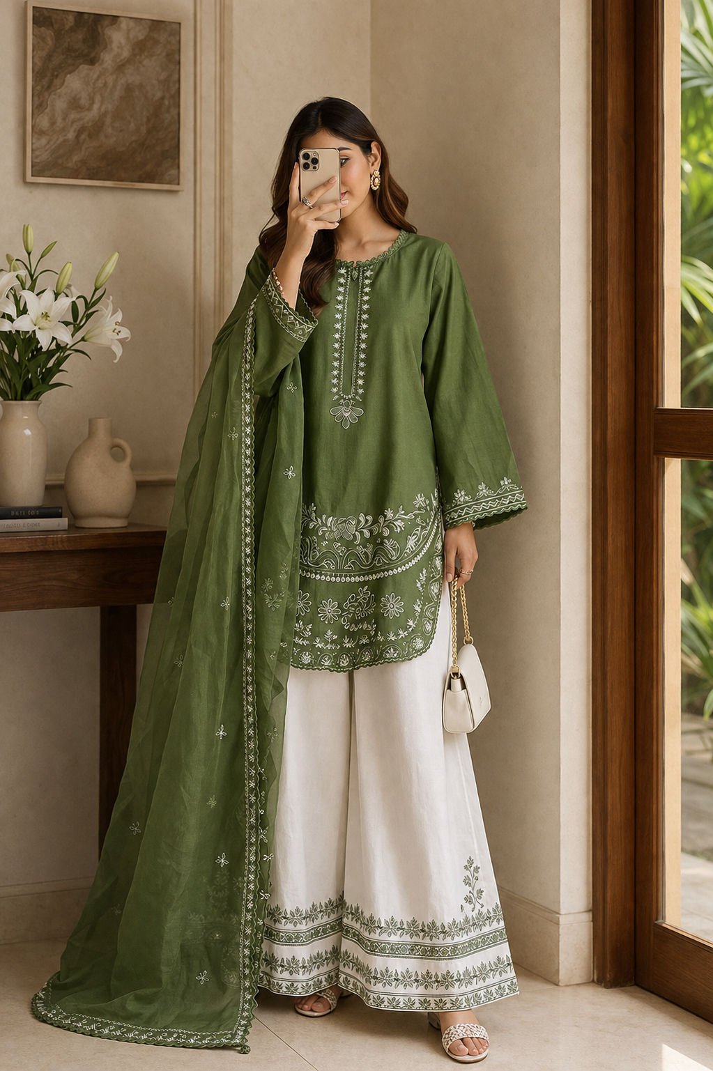 Green embroidered suit set
