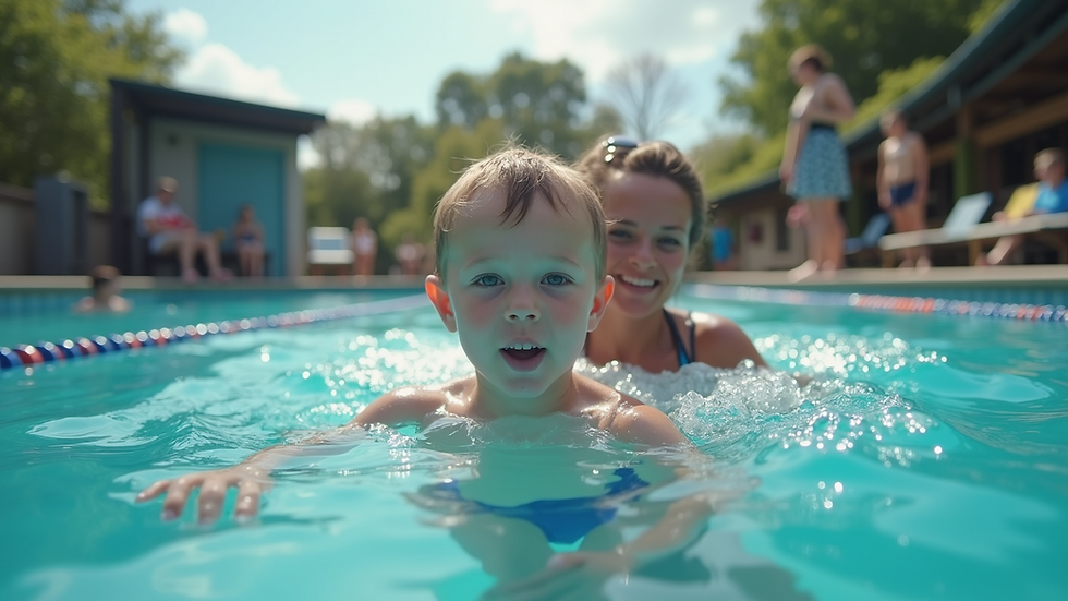 Eye-level view of a child practicing swimming with an instructor