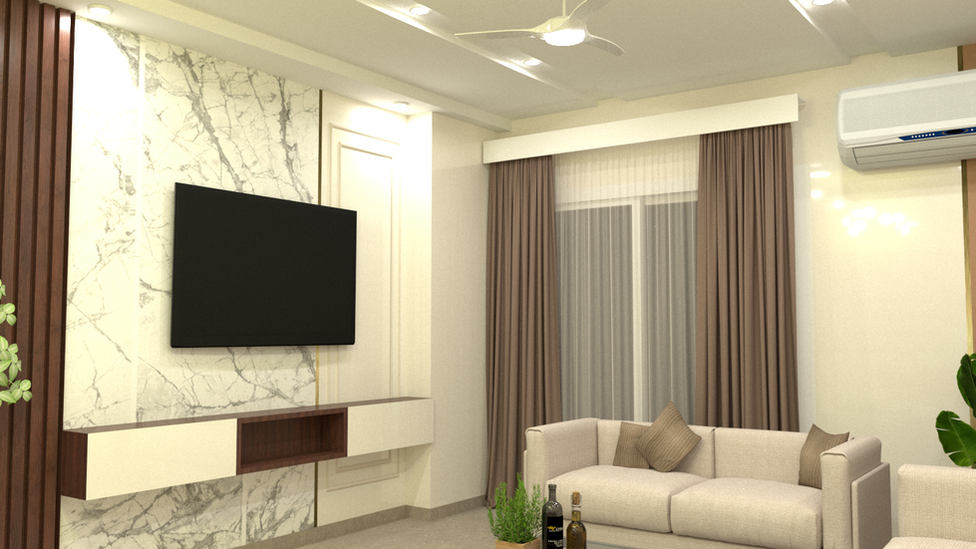 The living room TV unit features a minimalist design that harmoniously blends marble print wallpaper with elegant molding and rich wooden panels. This concept emphasizes a sophisticated interplay of textures, combining modern aesthetics with classic elements for a timeless appeal.