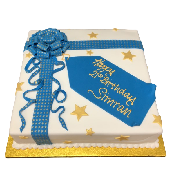 A beautifully designed 12" parcel-shaped cake perfect for any occasion, decorated with intricate details and vibrant colors.