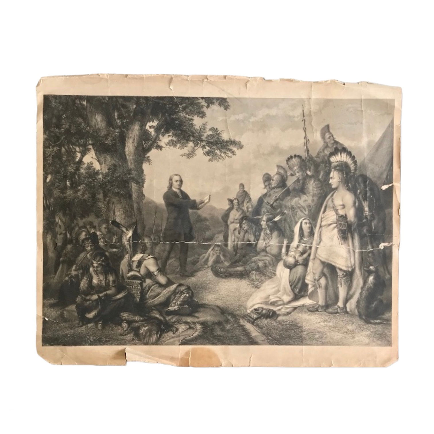 Engraving of Rev Charles Wesley Preaching to American Indians - 1736