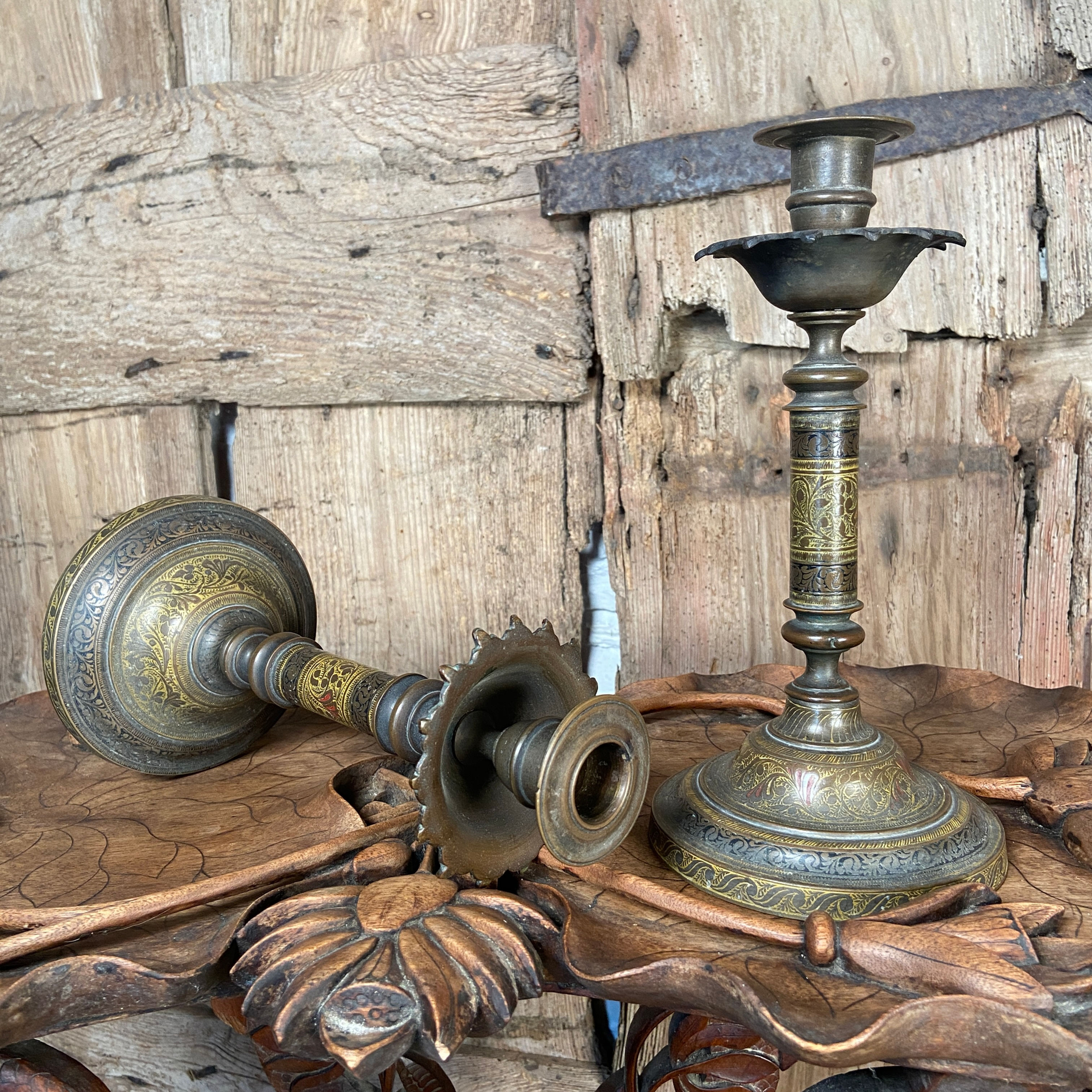 Kashmir Brass Candlesticks - Circa 1890
