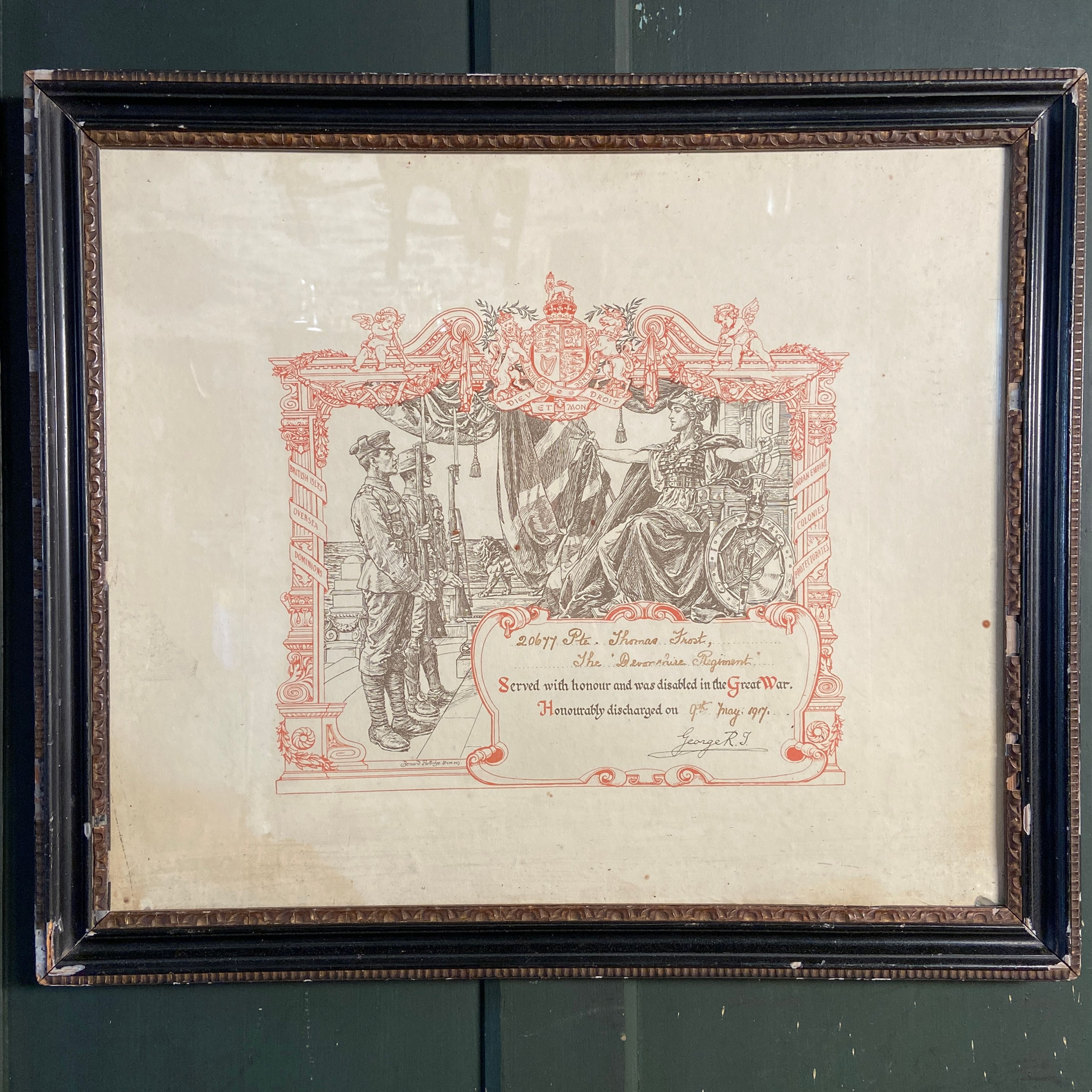 WW1 Discharge Certificate 1917 - Devonshire Regiment