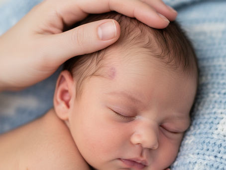 צילום תקריב רך של ראש תינוק שישן בשלווה על שמיכה כחולה בהירה, כשיד אדם מלטפת בעדינות את מצחו. התמונה מדגישה את המרפס של התינוק ואת עור הפנים העדין.