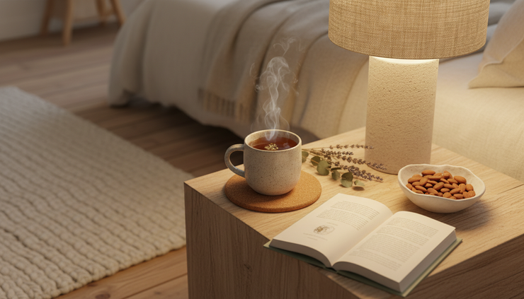 Eye-level view of a calm bedroom with a book, herbal tea, and a small bowl of almonds on a nightstand.