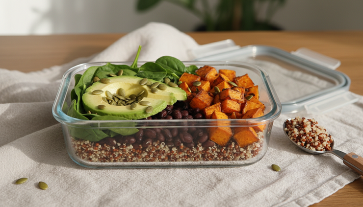 Close-up of a simple meal prep container with quinoa, black beans, spinach, avocado, and pumpkin seeds.