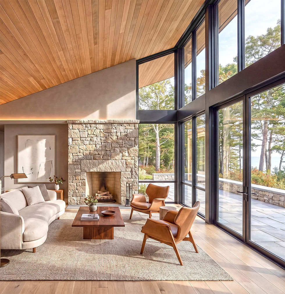 Light filled contemporary living room with a natural stone fireplace, modern furnishings, and expansive floor to ceiling windows overlooking the wooded landscape.