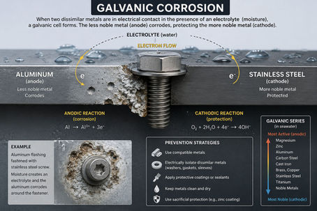 Galvanic corrosion is one of the most common yet frequently overlooked durability problems in construction and building systems. It occurs whenever two dissimilar metals are placed in electrical contact in the presence of an electrolyte such as water, condensation, or damp concrete. 