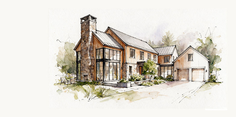 Watercolor architectural sketch of a contemporary New England home with gabled metal roofs, stone chimney, expansive windows, natural wood siding, and landscaped gardens.