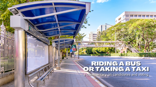 An image of a bus stop with caption "riding a bus or taking a taxi: a commentary on candidates and voting"