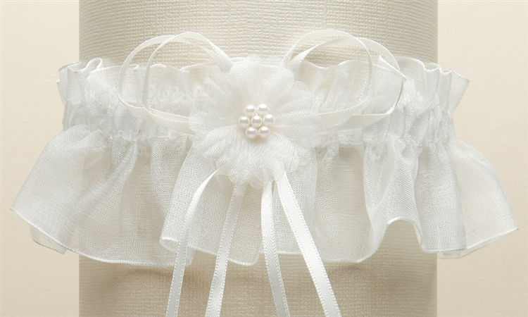 Organza Bridal Garters with Baby Pearl Cluster - Ivory