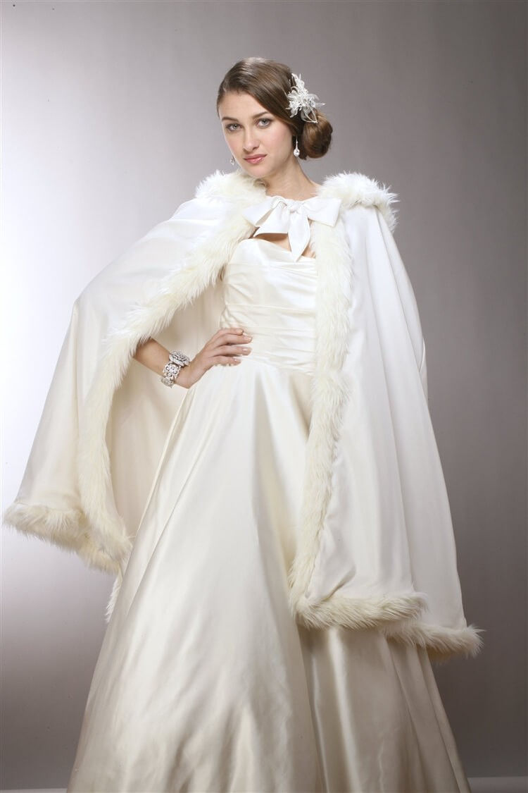 Mid Length Hooded Ivory Satin Bridal Cloak with Faux Angora Trim