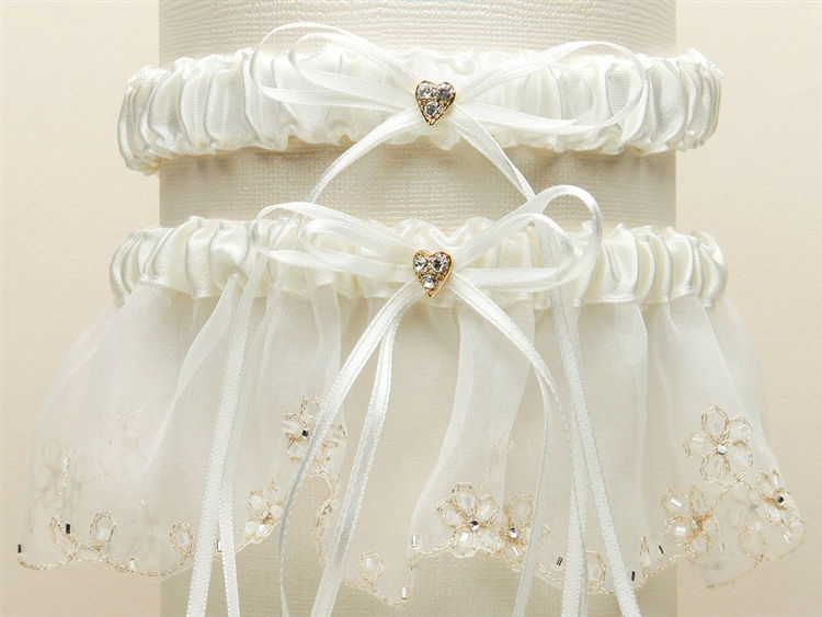 Bridal Garter Set with Inlaid Crystal Hearts - Ivory