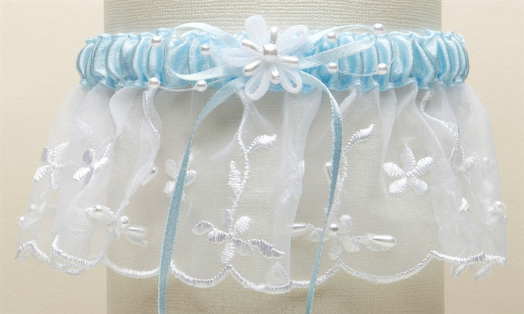 Embroidered Wedding Garters with Rice Pearl Accents - White with Blue