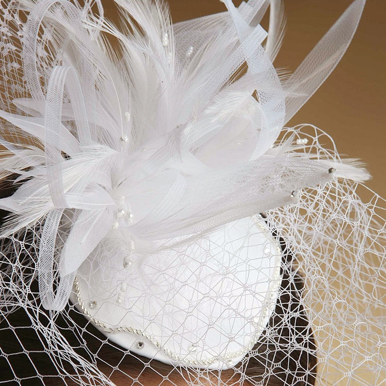 Thumbnail: Bridal Cocktail Hat with Feathers & Birdcage Veil