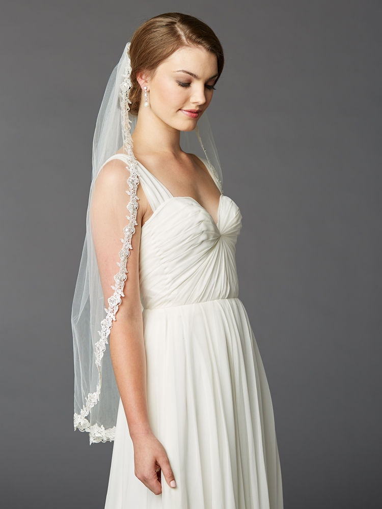 Thumbnail: Single Layer Fingertip Lace Edge Mantilla Wedding Veil with Beads & Sequins