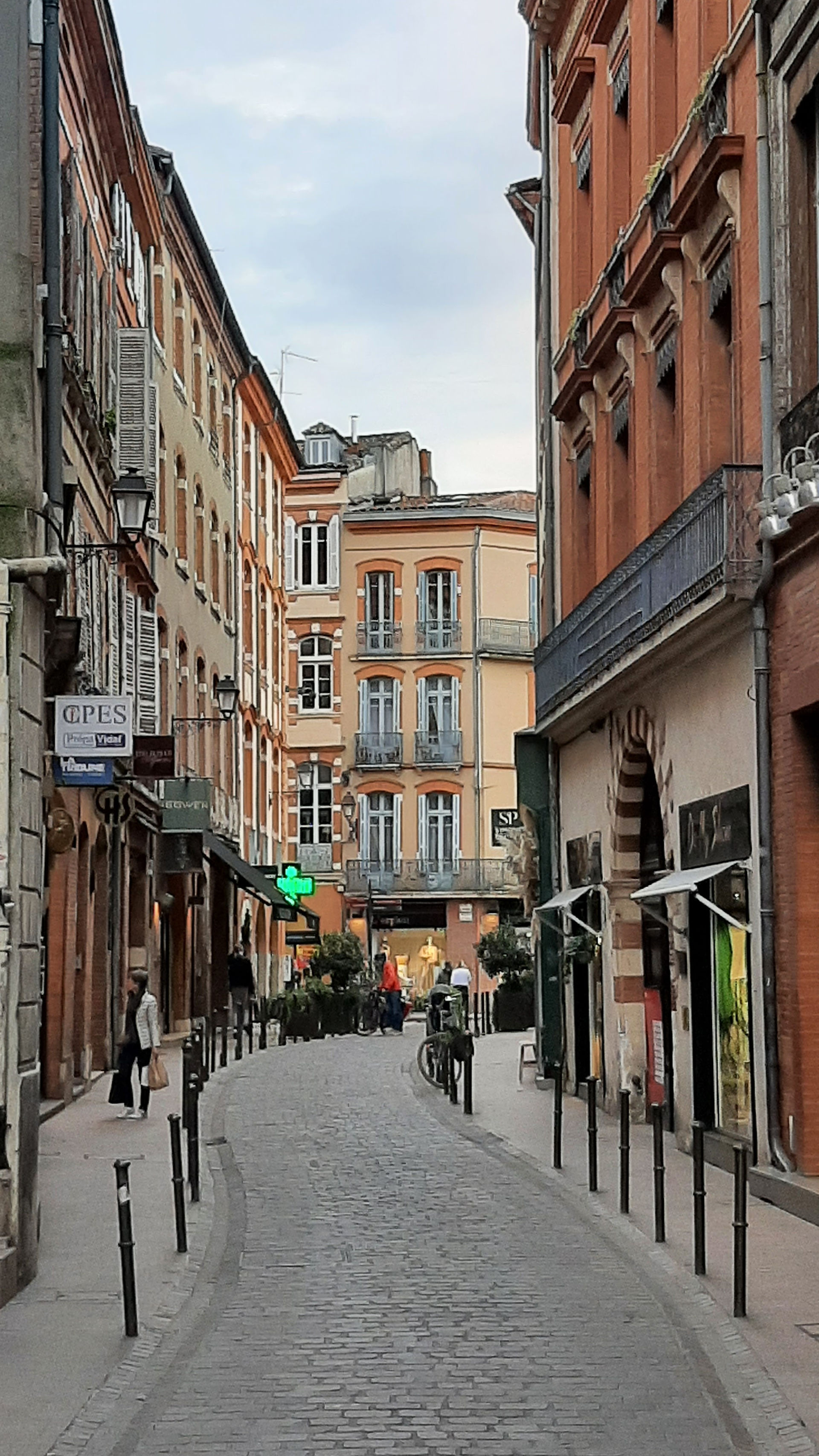 Photo montrant une rue à l'architecture typique de Toulouse, avec ces immeubles en brique de terre cuite !!! .