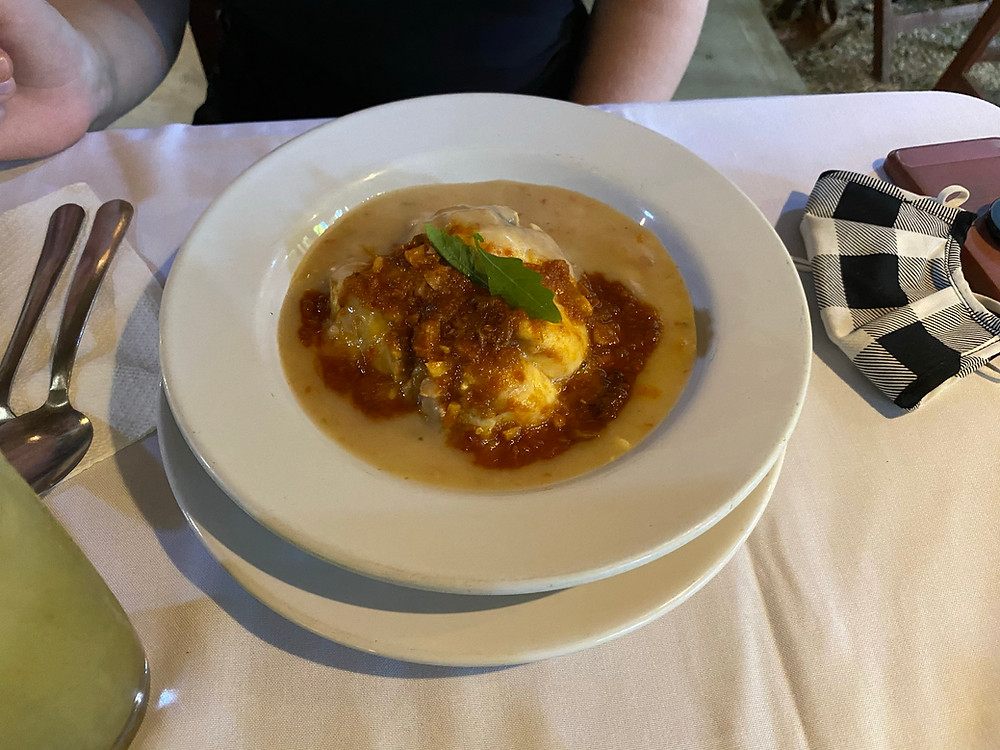 Queso Relleno Edam stuffed with meat and baked at "Kinich". Izamal