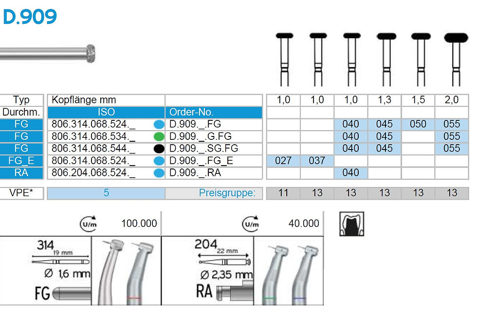 Frank Dental D.909 wheel-shaped diamond dental bur for occlusal reduction and restorative tooth preparation