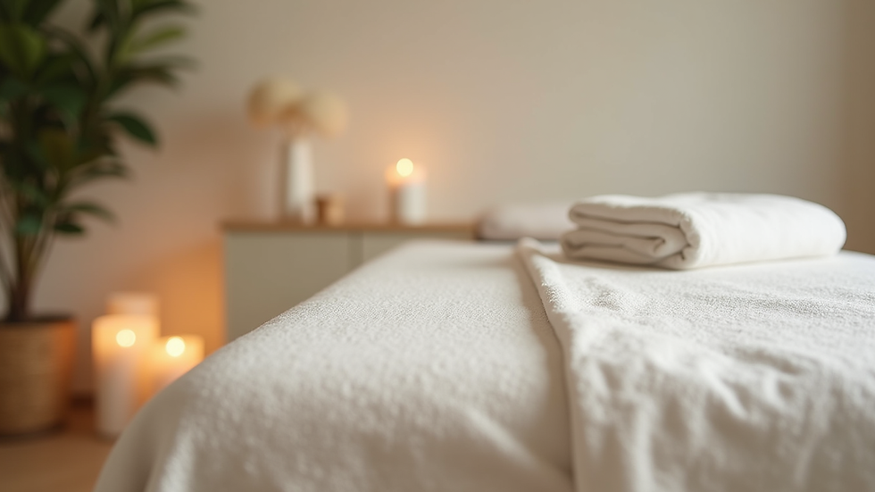 Close-up view of a massage table with soft linens in a calm therapy room