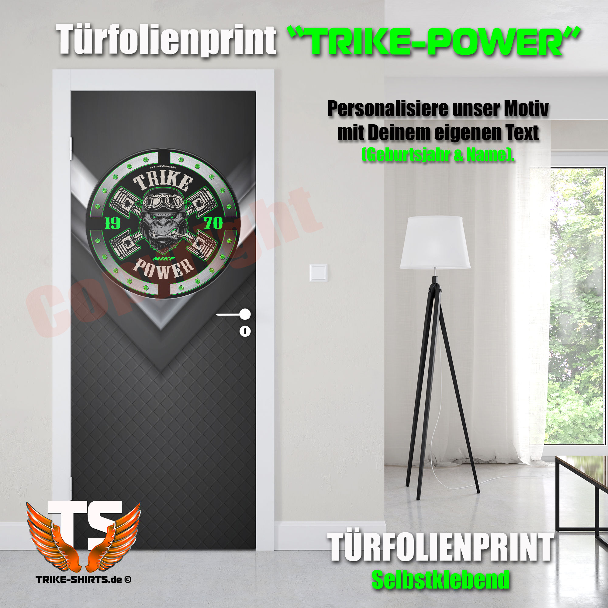 Türfolienprint "Gorilla Trike Power" mit Geburtsjahr und Name wählbar